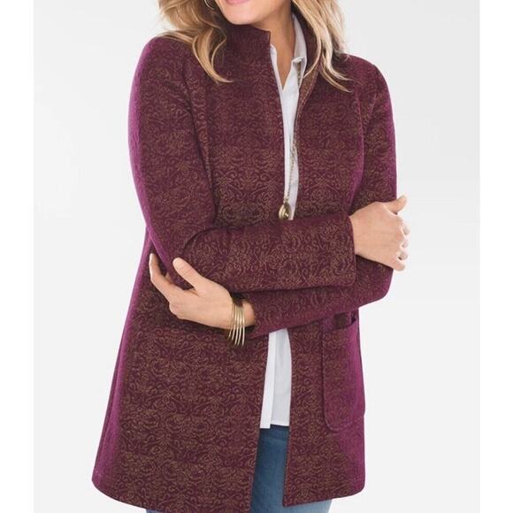 NEW CHICO'S Womens‎ Burgundy & Gold Structured Blazer Jacket Size 0 4 S Workwear - Picture 1 of 10